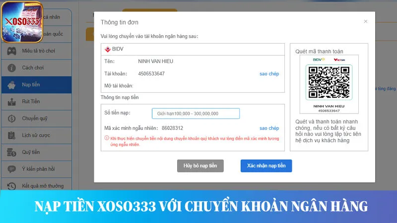 Hướng dẫn nạp tiền Xoso333 nhanh chóng qua chuyển khoản ngân hàng.